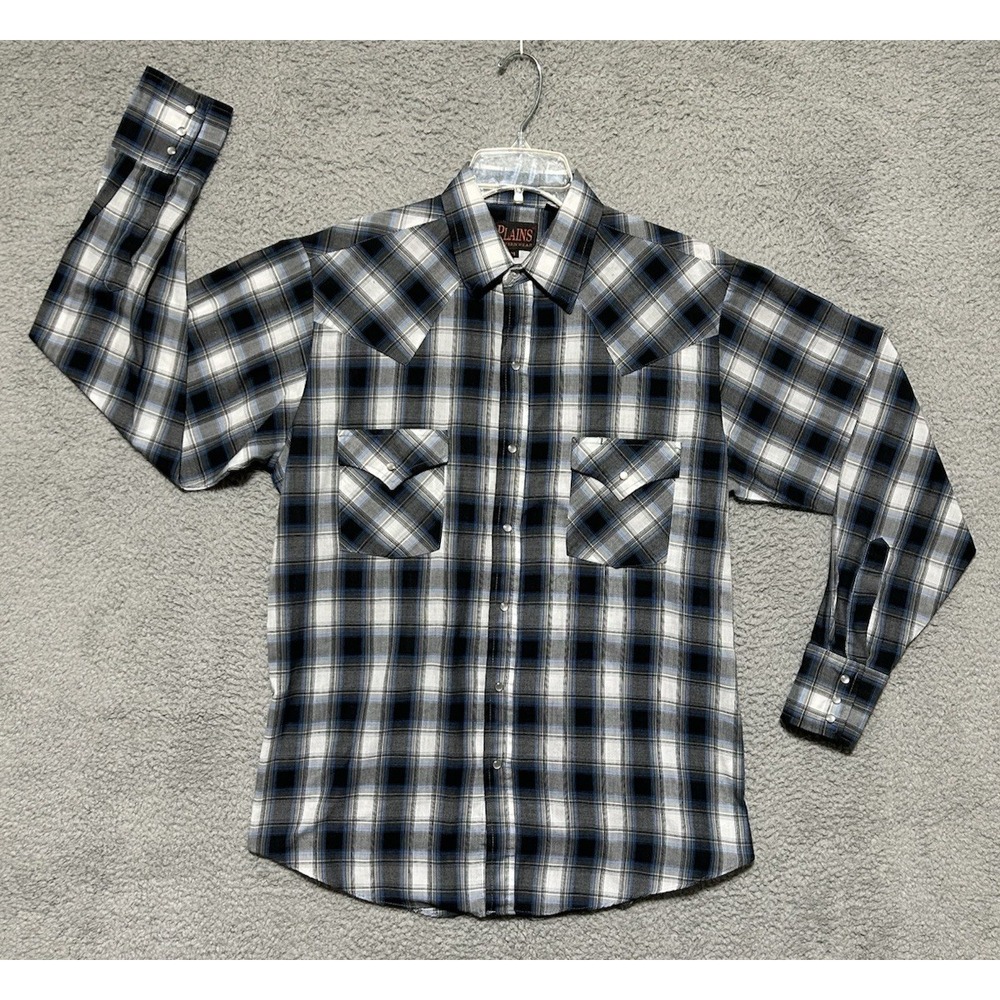Plains Western Wear Shirt Mens Medium Plaid Pearl Snap Pockets Cowboy Rodeo‎